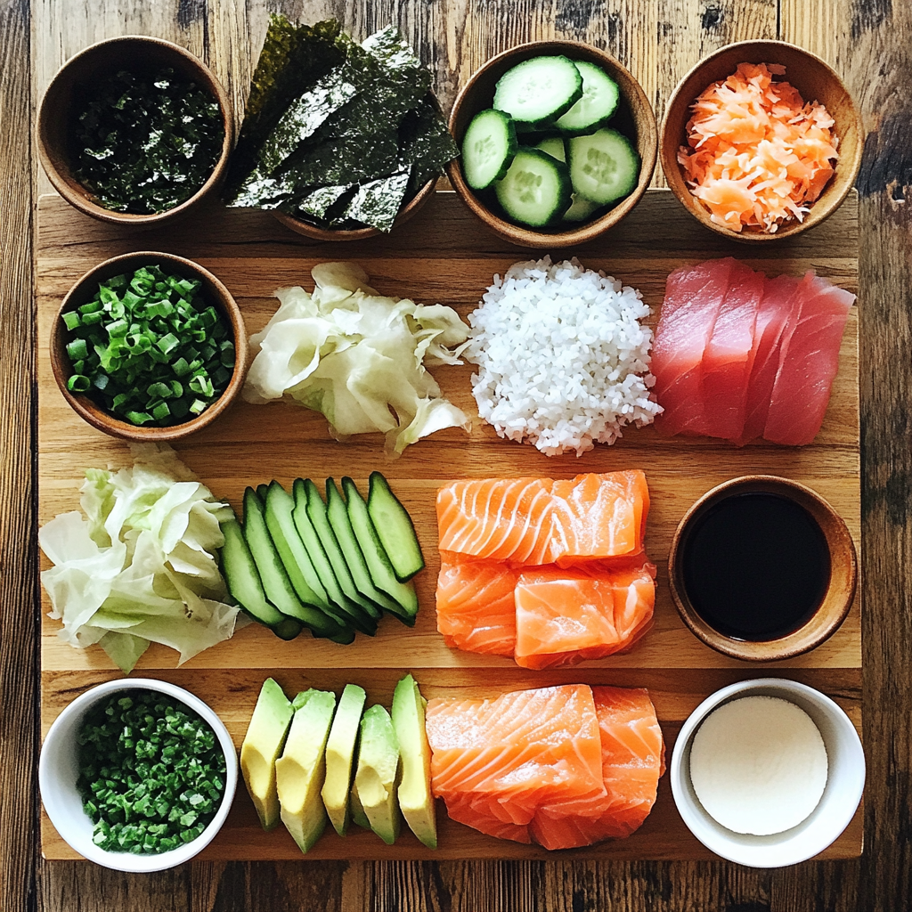 honglinh822632 A beautiful wooden countertop displaying fresh 0ea13558 a694 4e7a a2f0 64faa8dc9ecb 3 Sushi Rolls