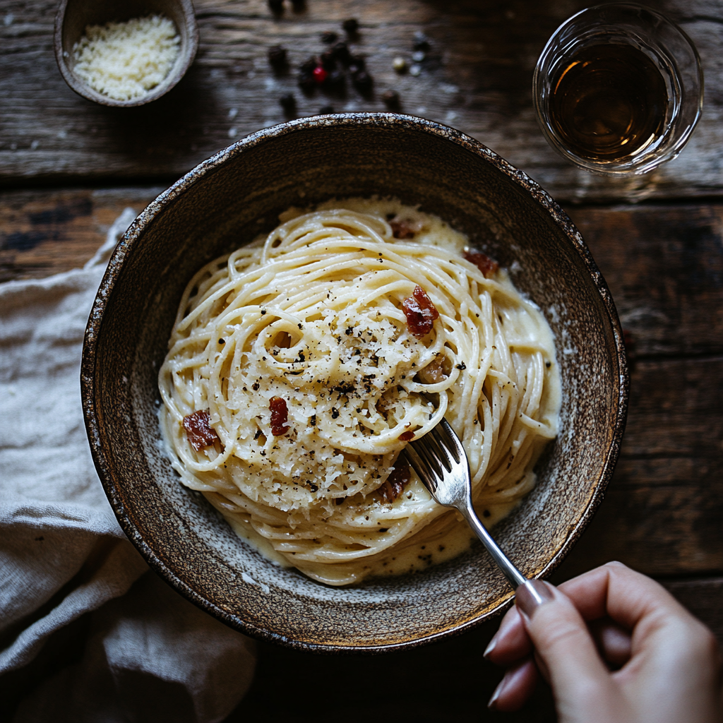 honglinh822632 A top down flat lay shot of Spaghetti Carbonar 0b70b698 8dfb 442e a486 8f76b95b0994 3 Spaghetti Carbonara