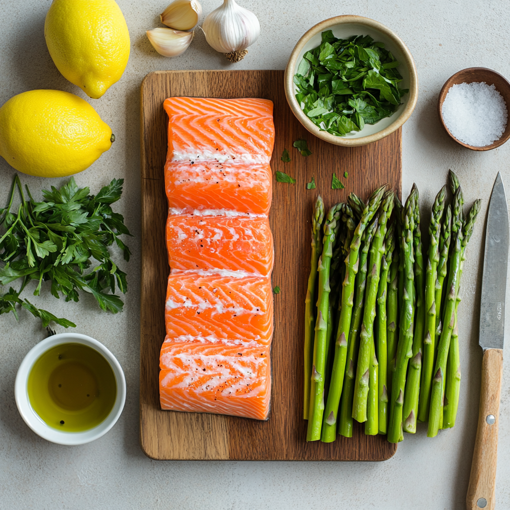 scalboost12 An organized countertop displaying the ingredient 8538dd73 04d9 49ec ac9d 3b5c38eee758 3 Grilled Salmon with Asparagus