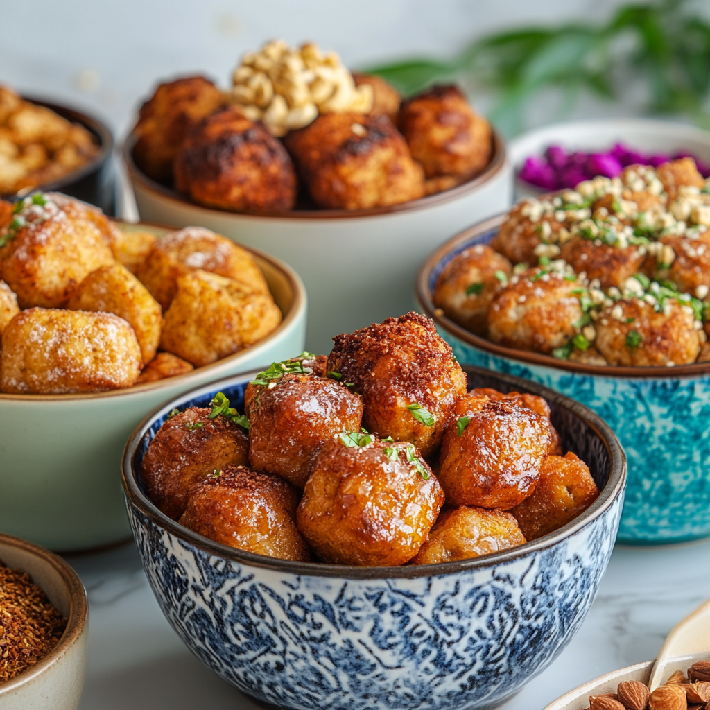 Bowls of gluten-free, keto, and vegan monkey bread variations, showcasing different ingredients like almond flour and coconut sugar